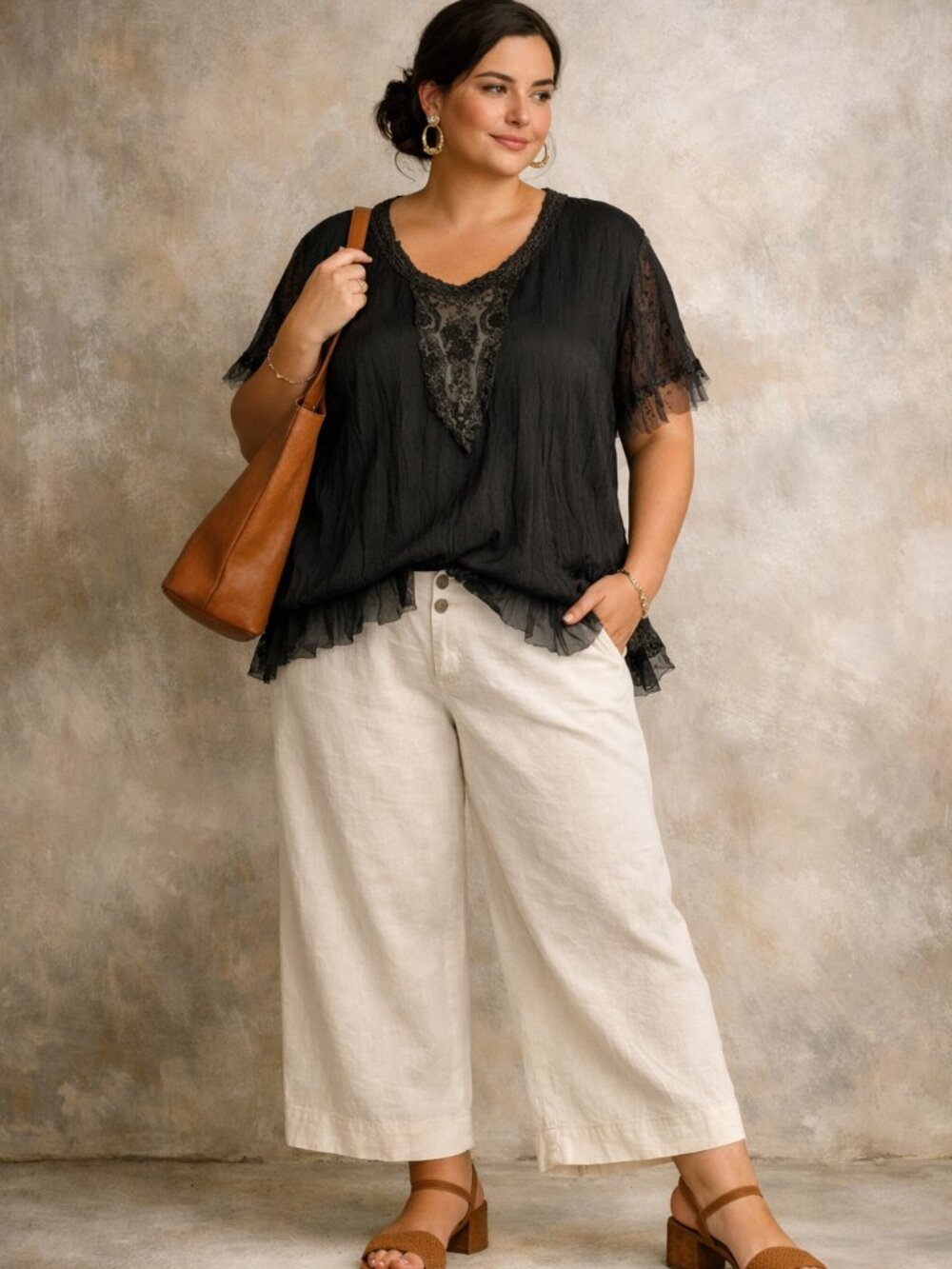 Panitti Romantic Gauzy Black Short Sleeve Blouse with Lace and Tulle Detail 1X